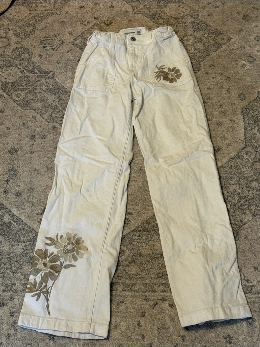 abercrombie kids Cream Wide-Leg Jeans with Floral Embroidery